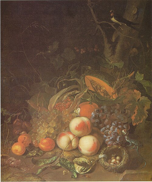 Fruit still life with a bird's nest and lizard, 1712, Rachel Ruysch