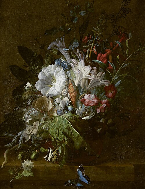 Flowers in a vase, with butterflies, on a stone parapet, 1693, Rachel Ruysch
