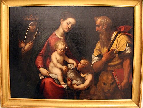 madonna col bambino e i ss. giovannino e forse marco e brigida, 1594, Bernardo Castello