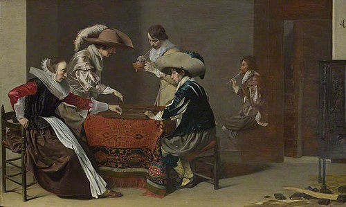 Two Men playing Tric-trac, with a Woman scoring, 1627, Willem Cornelisz. Duyster