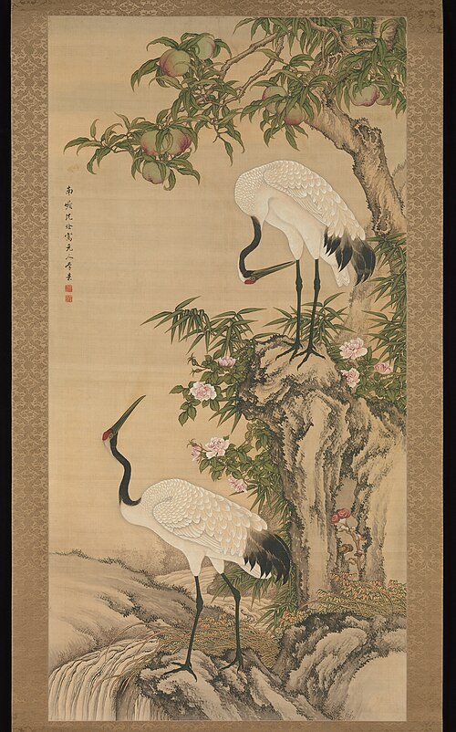 Cranes, Peach Tree, and Chinese Roses, 1716, Shen Quan