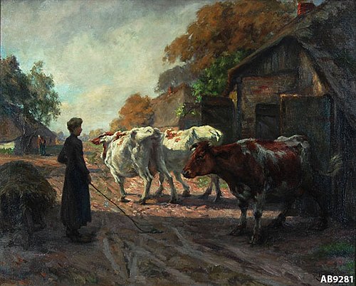 Koeien verlaten de stal, 1910, Roland Larij