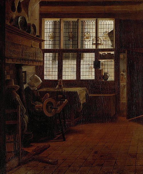 Interior with Woman at the Spinning Wheel, 1661, Esaias Boursse