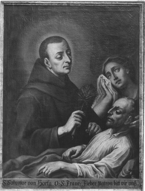 Der hl. Salvator da Horta mit einem Fieberkranken, 1737, Joseph Ignaz Schilling