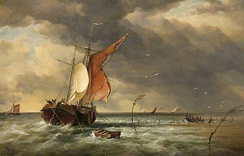 A Dutch Galliot Aground on a Sandbank on the Biesbosch, The Netherlands, 1878, Edward William Cooke