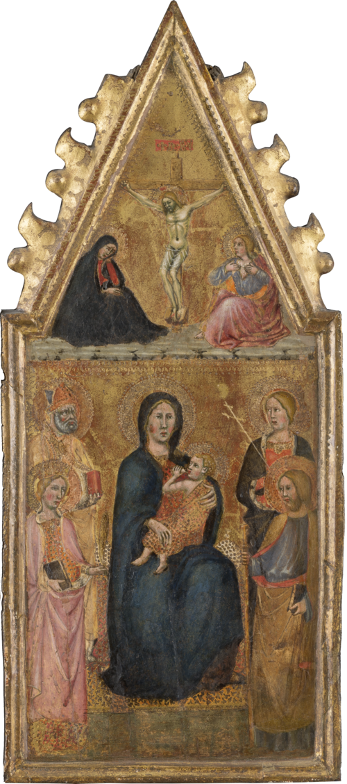 Enthroned Madonna with Child and four saints, above the Crucifixion with Mary and John Ev., 1387, Cristoforo di Bindoccio