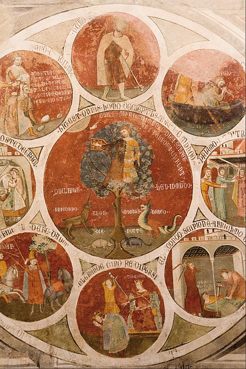 Wheel of Barlaam; Wheel of Aristotle with the Cardinal Virtues; the Judgement of Solomon, 1370, Cristoforo di Bindoccio