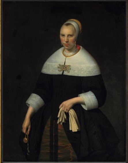 Portrait of a lady, three-quarter-length, holding gloves and a pocket watch, 1660, Jan Albertsz Rotius