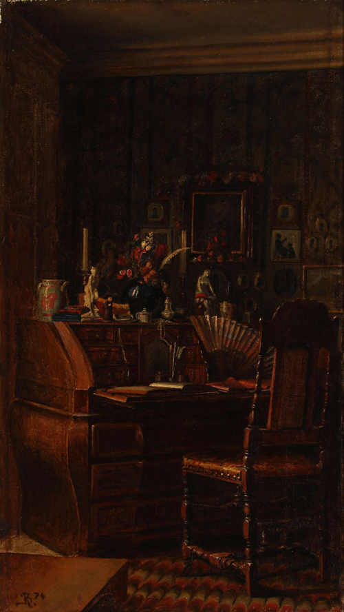 Interiør med et Rococo Skrivechatol og en læderbetrukket højrygget Egetræsstol. Paa Væggen Silhuette, 1874, Kristian Zahrtmann