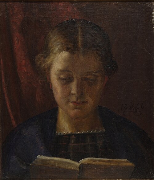Elisabeth Zahrtmann, the artist's sister, reading, 1866, Kristian Zahrtmann