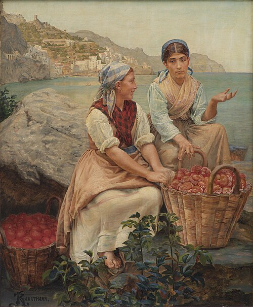 Italian girls with tomatoes in baskets, 1878, Kristian Zahrtmann
