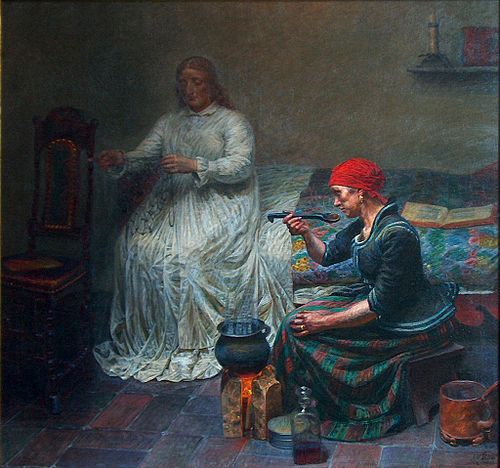 Leonora Christina in Blaataarn. The woman is cooking porridge., 1896, Kristian Zahrtmann