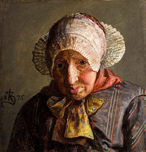 Brystbillede en face af en gammel kone fra Ribe med pibekappe, 1875, Kristian Zahrtmann