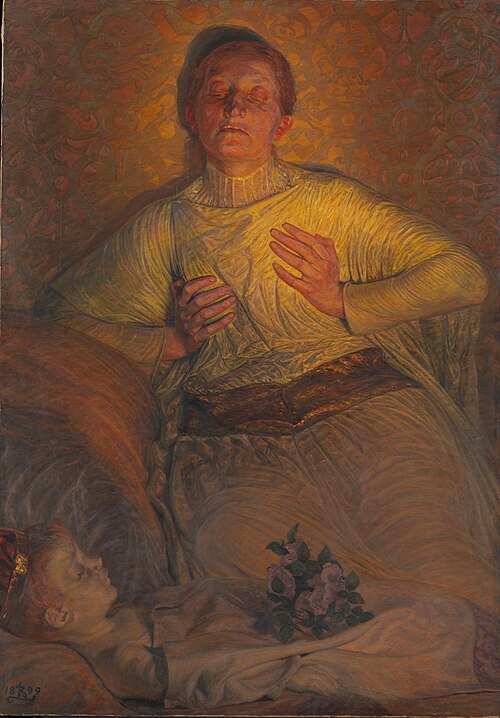 Erik Menveds dronning Ingeborg sørger ved sitt siste barns lik, 1899, Kristian Zahrtmann