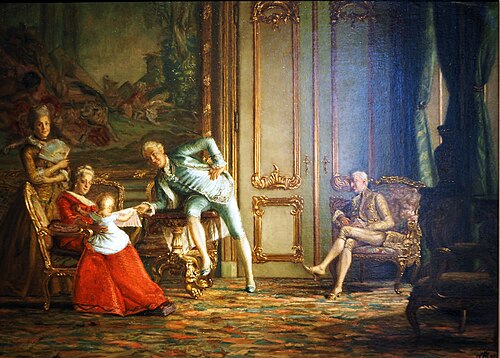 Szene am Kopenhagener Hof mit Struensee, Caroline Mathilde und Christian VII., 1881, Kristian Zahrtmann