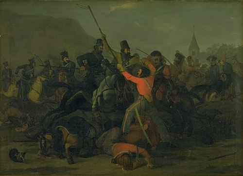 Oberst Boncke Bönnichsens fald den 6. december 1813 under en fægtning mellem jyske dragoner og kosak, 1820, Jørgen Sonne