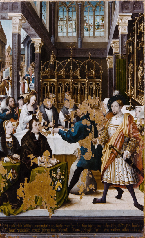 Szene aus dem Leben des hl. Rumbold 27 Die Mitglieder der Bruderschaft des hl. Rumbold verehren ihre, 1489, Maître de la Légende de sainte Marie-Madeleine