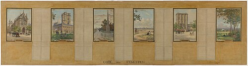 Esquisse pour la mairie de Vincennes : la chapelle, le donjon, l'obélisque, le champ de manœuvre, le, 1898, Maurice Chabas