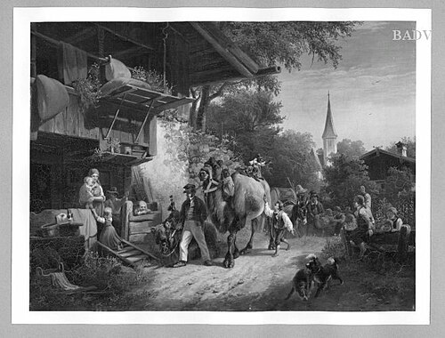 gipsies with bear, camel ... in a village, 1845, Ludwig Voltz