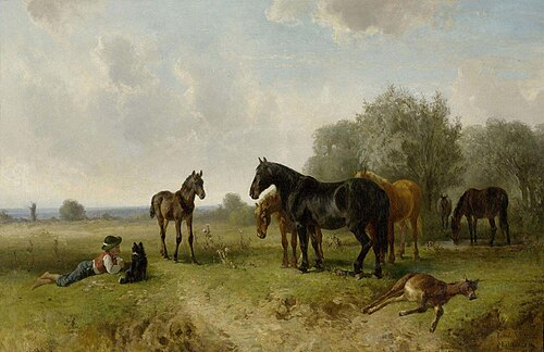 Pferdegruppe mit einem Hirten und seinem Hund, , Ludwig Voltz