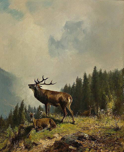 Roaring Red Deer with his herd, , Ludwig Voltz