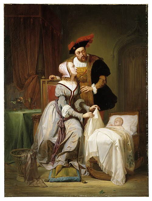 Charles-Quint et sa maîtresse Jeanne van der Gheynst devant le berceau de leur fille Marguerite, 1844, Théodore Joseph Canneel
