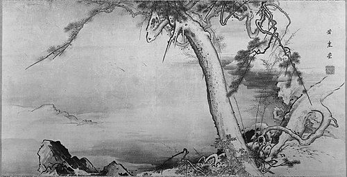 Cranes and Pine Trees in a Landscape, , Kanō Hōgai
