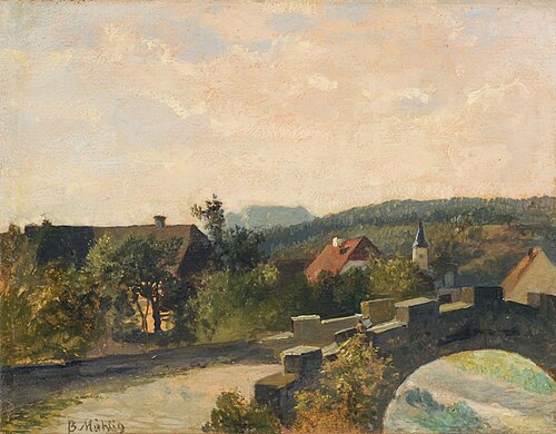 Dorf mit Steinbrücke in der Sächsischen Schweiz, 1900, Bernhard Mühlig