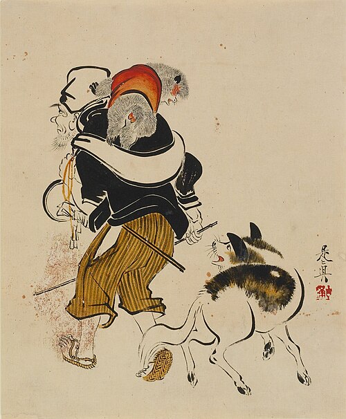 Dog barking at a monkey trainer, , Shibata Zeshin