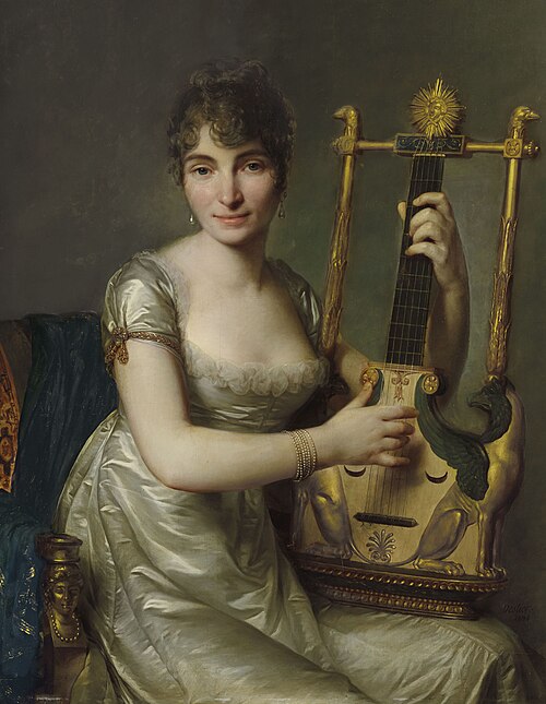 Portrait de Madame Larmoyer, de trois-quarts, tenant une lyre-guitare, 1804, Antoine Vestier