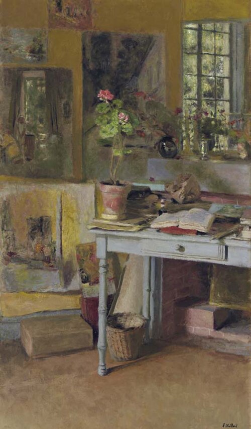Aux Clayes, géranium sur une table bleue, devant une fenêtre, 1932, Édouard Vuillard