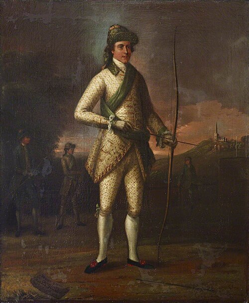 Master Middleton (possibly) preparing to Shoot for the Silver Arrow at Harrow (inscribed 5th August,, 1758, Thomas Craskell