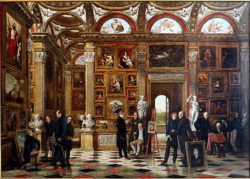 Patrons and Lovers of Art', painting of an art gallery, 1830, Pieter Christoffel Wonder