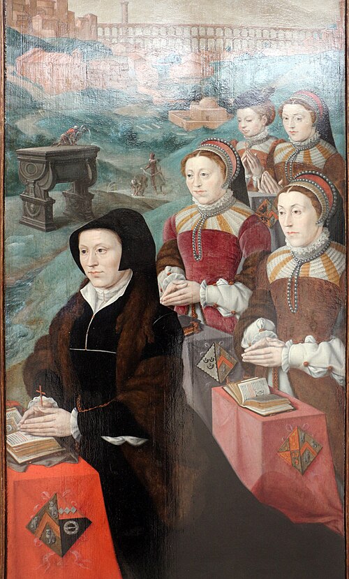 Portrait of Livina Cats van Welle, echtgenote van Jan Micault, met haar vier dochters, 1548, Jan Cornelisz Vermeyen