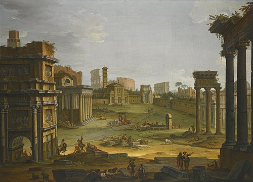 A View of the Forum with the Campo Vaccino, the Church of Santa Francesca Romana and the Colosseum, 1750, Antonio Joli