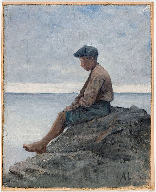Sittande pojke på stranden, , Amélie Helga Lundahl