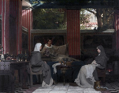 Venantius Fortunatus reading his poems to Radegonda VI and the abbess in the monastery of Poitier, 1850, Lawrence Alma-Tadema