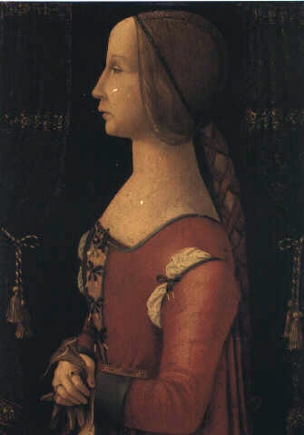 Portrait of a lady in left profile between green velvet curtains, 1450, Bernardino de Conti