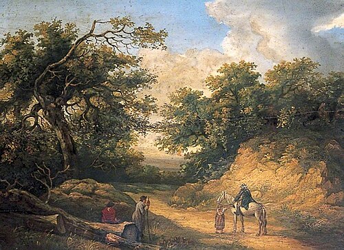 A Road through a Woodland (A Man on a White Horse Giving Alms to a Child), 1795, George Morland