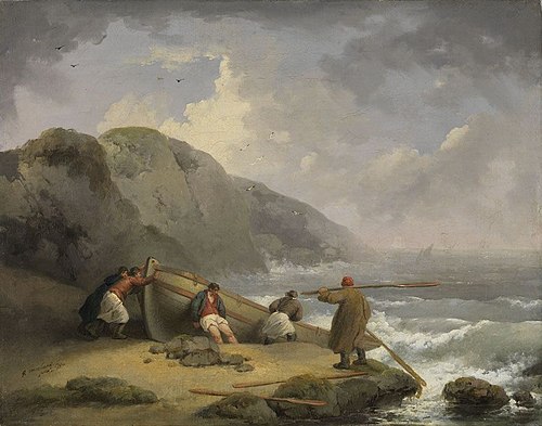 Fischer, eine Barke ins Wasser schiebend, 1793, George Morland
