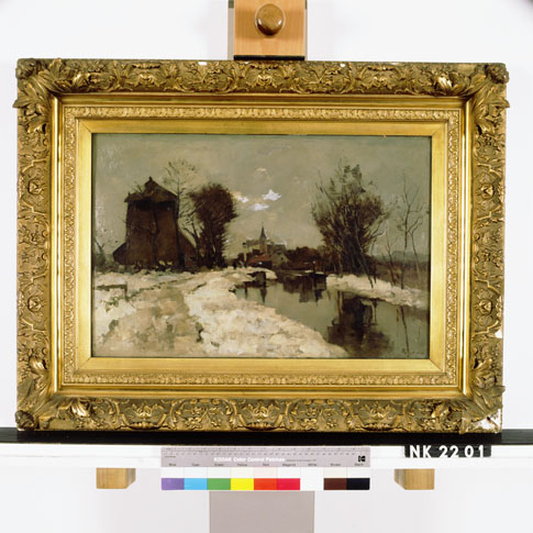 Winterlandschap met hooiberg bij een kanaal, 1905, Jacob Ritsema