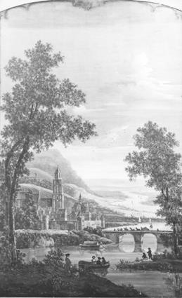 Rivierlandschap met ommuurde stad, 1760, Pieter Jan van Liender