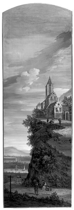 Rivierlandschap met kerkdorp op steile rots, 1760, Pieter Jan van Liender