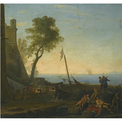 a-coastal-scene-by-a-harbour-with-a-boat-and-figures-in-the-foreground, 1725, Adrien Manglard