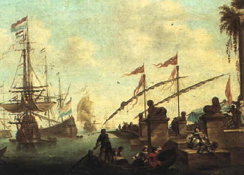 Capriccio of a mediterranean Harbour with Shipping, 1725, Adrien Manglard