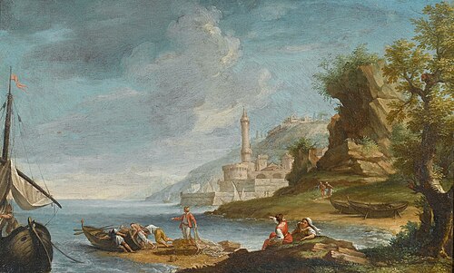 A coastal scene with fishermen and a city in the background, 1710, Adrien Manglard