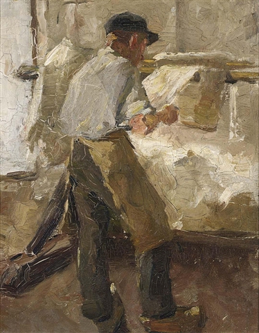 A young workman at a stretching frame, 1890, Anthon van Rappard