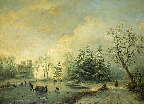 Trees, a Castle and Skating Figures, 1842, Marinus Adrianus Koekkoek