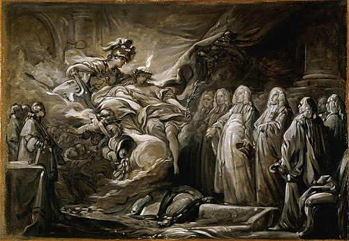 Le Prévôt des marchands et les Échevins de la Ville de Paris ; allégorie au traité de Paris (10 févr, 1758, Jean-Baptiste Deshays de Colle
