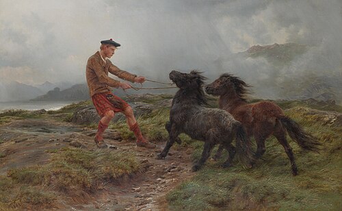 A ghillie and two Shetland ponies in a misty landscape, 1861, Rosa Bonheur